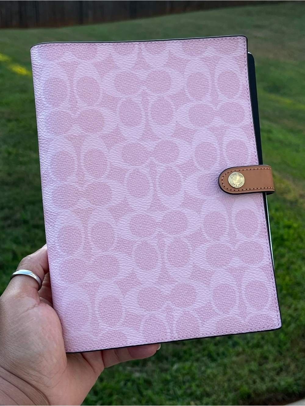 Coach Pink Signature Tablet Folio with Tan Snap Strap